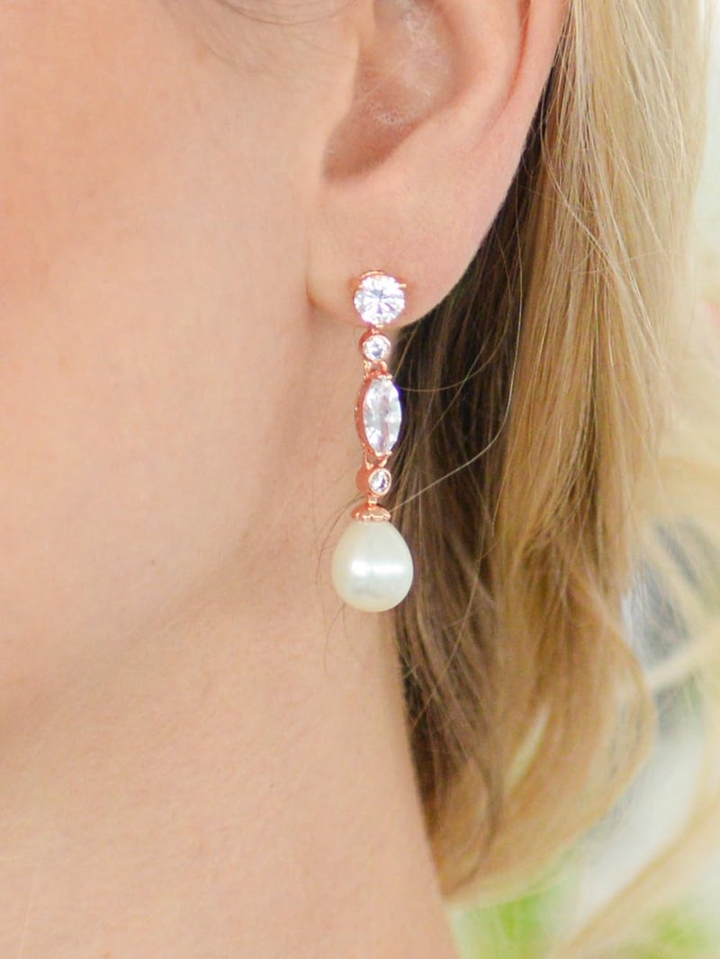 Mariell Rose Gold Pearl Bridal Earrings with Cubic Zirconia Crystals, 1 Â¾" Long Dangle Wedding Earring for Brides, Homecoming, Mother of the Bride - Image 4